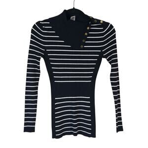 Cache Vintage 90s Black White Striped Sweater Womens XS Nautical Stretch Casual